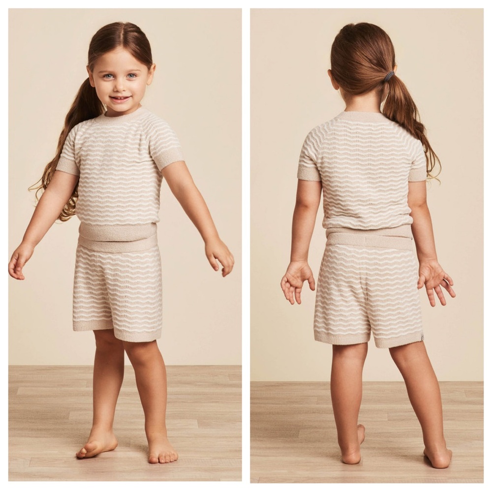 Barefoot Dreams CozyChic Ultra Lite Wavy Shorts and Matching Top in Stone/Pearl